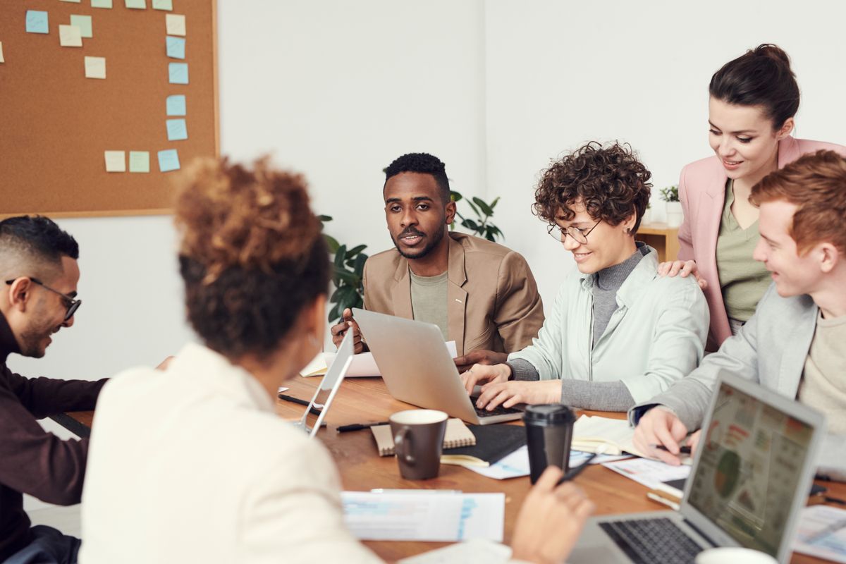 A diverse team collaborating in the office